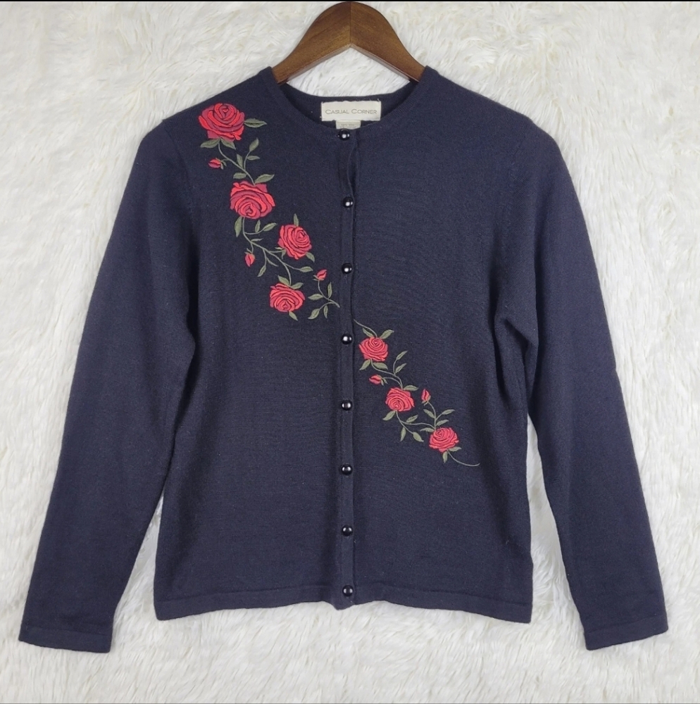 Vtg Casual Corner Womens Sz S Black Wool Blend Floral Cardigan Rose Grandma